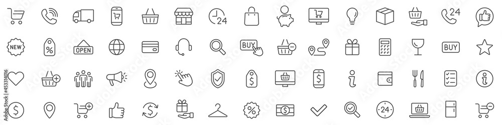 Shopping icons set. E-commerce icon collection. Online shopping thin line icons. Shop icons vector - obrazy, fototapety, plakaty 