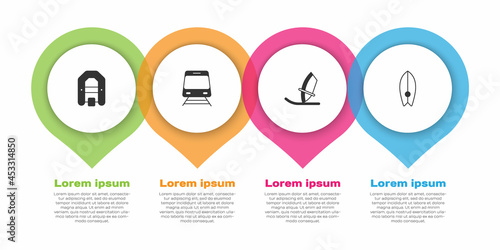 Set Rafting boat, Train and railway, Windsurfing and Surfboard. Business infographic template. Vector
