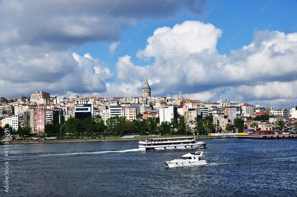Panoramic view of the Bosphorus. View of the strait, ships, Galata tower and houses. 09 July 2021, Istanbul, Turkey.