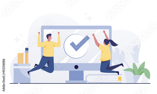 Happy man and woman and desktop with checkmark sign. Task completed or finished work concept.