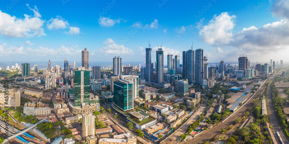 Aerial panoramic view Mumbai's Lower Parel skyline, with Worli, Prabhadevi, Elphinstone, Dadar and Bandra also visible. - obrazy, fototapety, plakaty 
