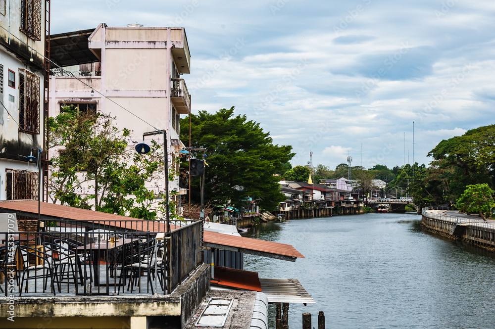 Landscape of Chanthaburi river with the building of Chanthaboon Waterfront.Chanthaboon is the ancient waterfront community located on the west side of Chanthaburi River