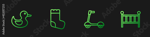 Set line Roller scooter, Rubber duck, Baby socks and crib cradle bed. Gradient color icons. Vector