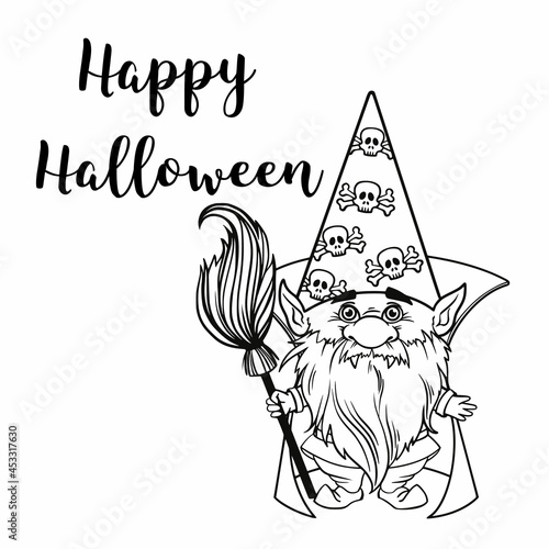 Gnome for halloween linear, pumpkin Potions Spider web and spider, trick or treat, design for thanksgiving day, cartoon spooky dwarf Vector line art for printable greeting cards and coloring pages