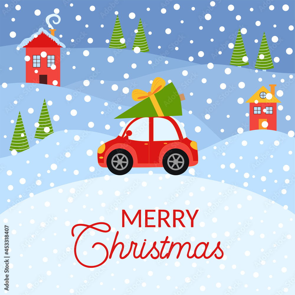 Merry christmas and happy new year illustrations. Greeting card with red retro car with christmas tree
