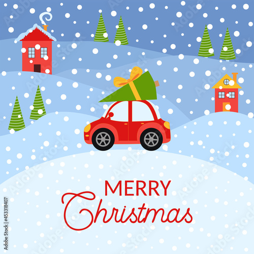 Merry christmas and happy new year illustrations. Greeting card with red retro car with christmas tree © MichiruKayo