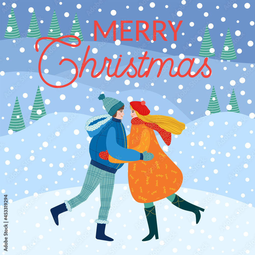 Fototapeta premium Christmas and Happy New Year illustration. Trendy retro style, design template.