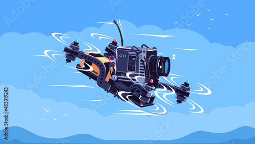 Unmanned quadcopter with action camera. Unmanned aerial vehicle with a camera. Video camera on an unmanned quadcopter. Speed dron with camera in style vector on blue background. Vector illustration