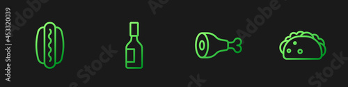 Set line Chicken leg, Hotdog, Tabasco sauce and Taco with tortilla. Gradient color icons. Vector