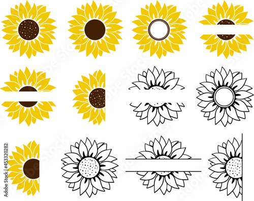 Sunflower vector illustration Bundle. Sunflower Monogram Set 02, Sunflower isolated. Botanical floral illustration. Yellow summer flower, Black Yellow Sunflower Monogram set