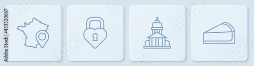 Set line Map of France, Museum building, Castle the shape heart and Cherry cheesecake slice. White square button. Vector