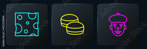 Set line Cheese, French mime and Macaron cookie. Black square button. Vector