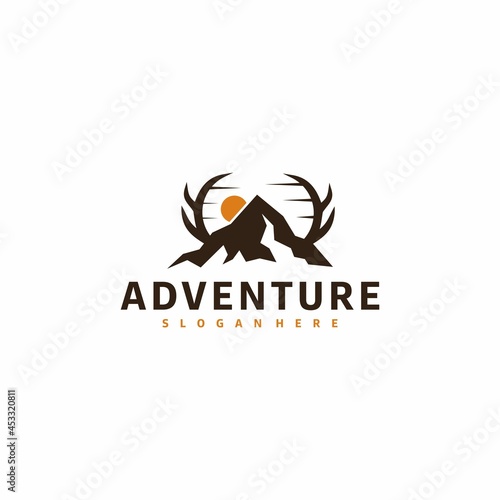 Rustic Retro Vintage mountain peak logo design template with deer and sun graphic vector illustration. Symbol, icon, creative.
