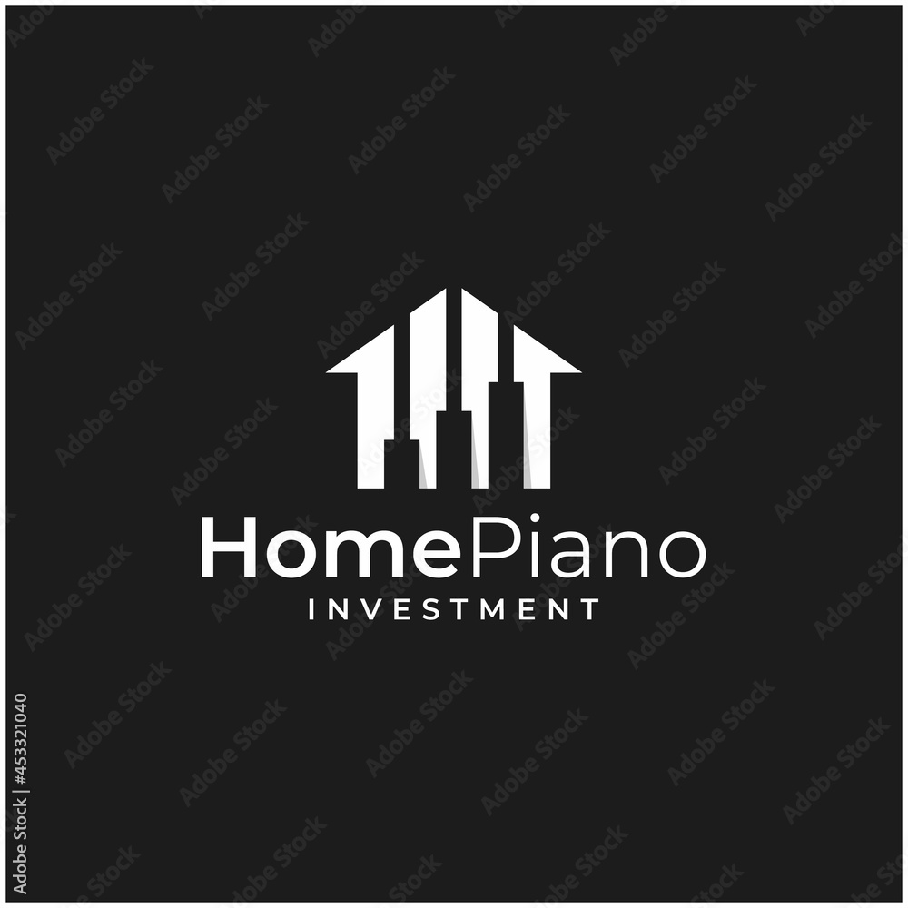 House building logo design template with financial investment chart and piano graphic vector illustration. Symbol, icon, creative.