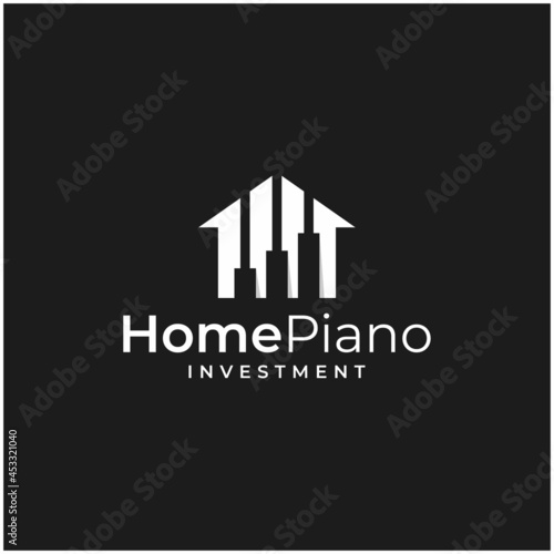 House building logo design template with financial investment chart and piano graphic vector illustration. Symbol, icon, creative.