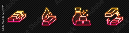 Set line Bag of gold bars, Stacks paper money cash, Molten being poured and Gold exchange. Glowing neon icon. Vector