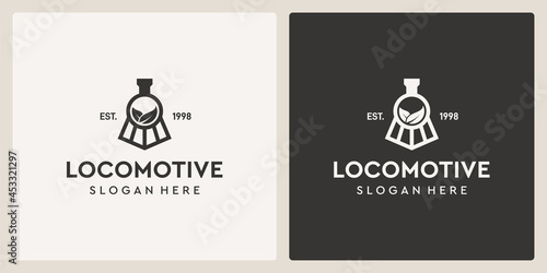 Simple vintage old locomotive train and leaf logo design template.
