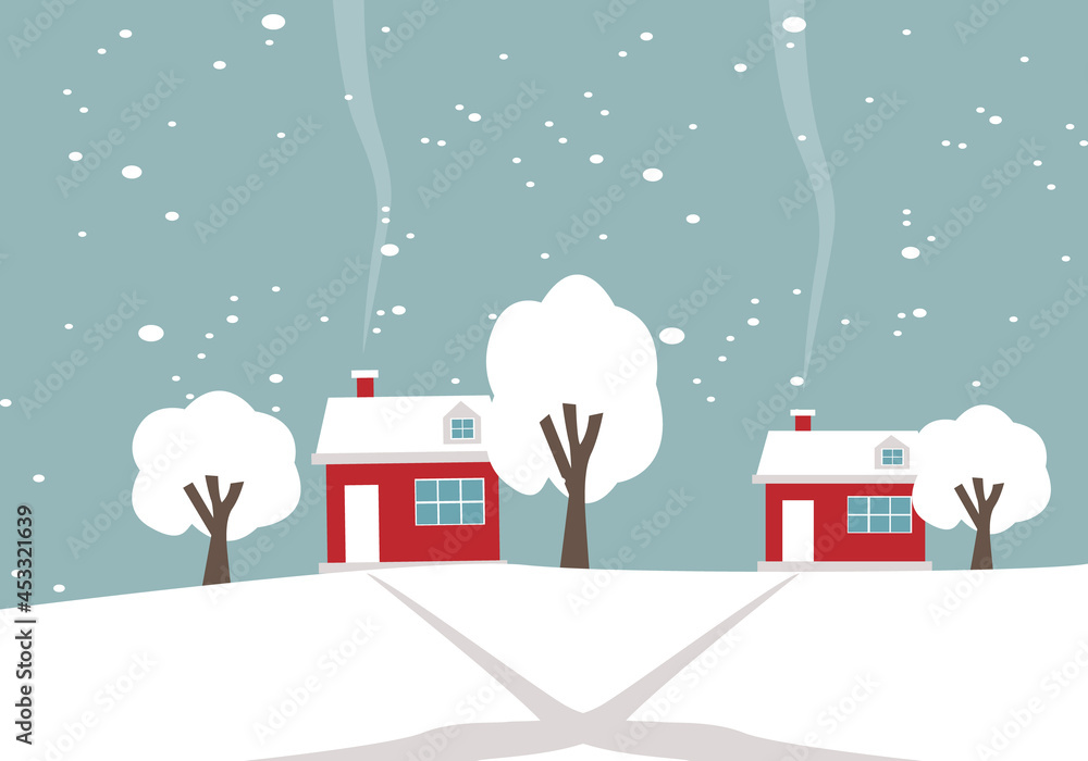 Vector illustration View of a winter cartoon tree with houses and smoke from the chimney Vector illustration View of a winter cartoon tree with houses and smoke from the chimney