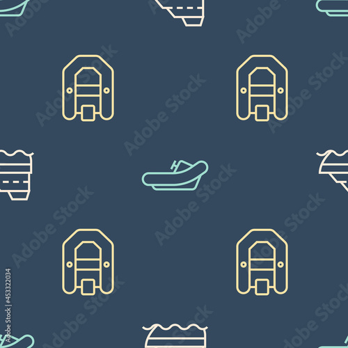 Set line Cruise ship, Rafting boat and on seamless pattern. Vector
