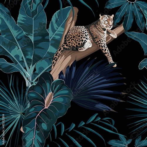 Colorful floral night pattern with tiger leopard sleeping on the tree and exotic tropical leaves illustration. Fashion ornament on dark background. photo