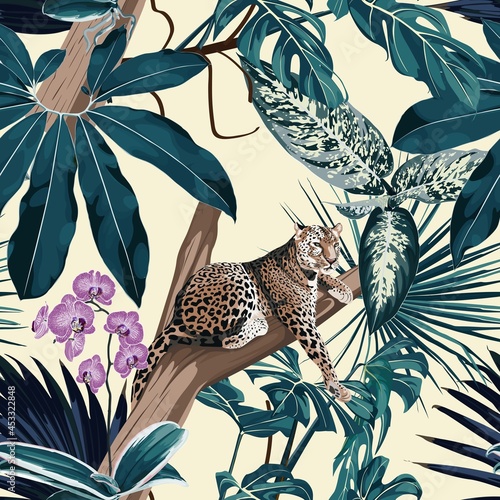 Colorful floral night pattern with tiger leopard sleeping on the tree and exotic tropical leaves illustration. Fashion ornament on yellow background.