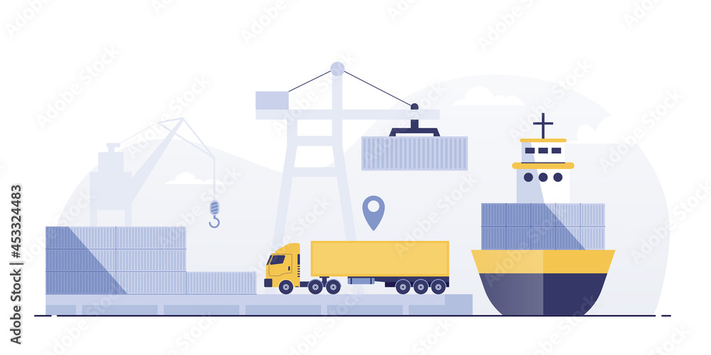 Ports with cargo ships and containers work with crane. Ports with cargo ships and containers work with crane.