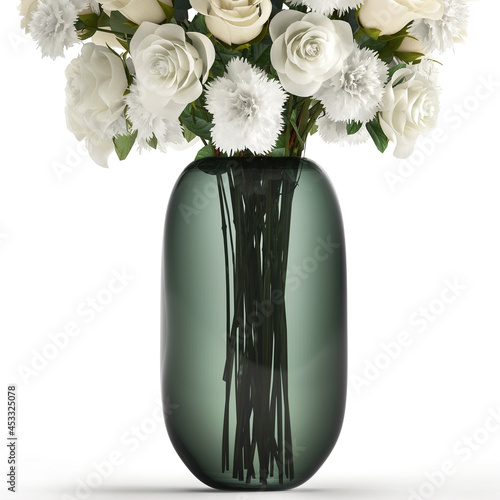 Bouquet of wthite flowers in a glass vase photo