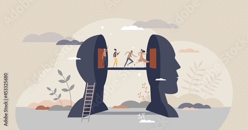 Changing mind thoughts and switch sides for opinion tiny person concept. Bipolar behavior and choice confusion as running from head into brains vector illustration. Individual thoughts transformation.