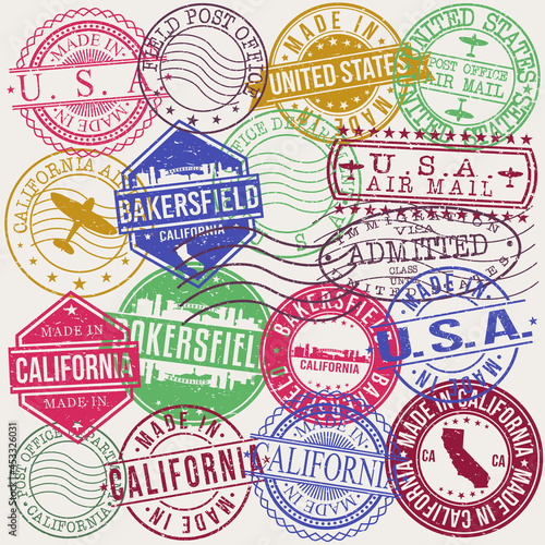 Bakersfield, CA, USA Set of Stamps. Travel Stamp. Made In Product. Design Seals Old Style Insignia.