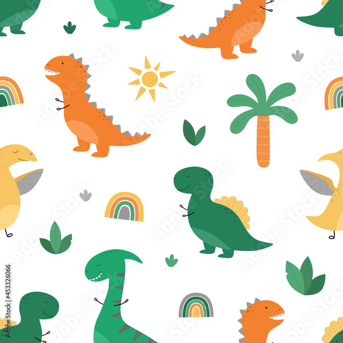Fototapeta Naklejka Na Ścianę i Meble -  Seamless pattern with dinosaurs and natural elements. Funny dino in a cartoon style. Vector illustration. Suitable for printing on fabric, wallpaper, wrapping paper