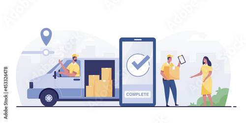 Checking delivery service app on a mobile phone. Delivery truck with cardboard box.