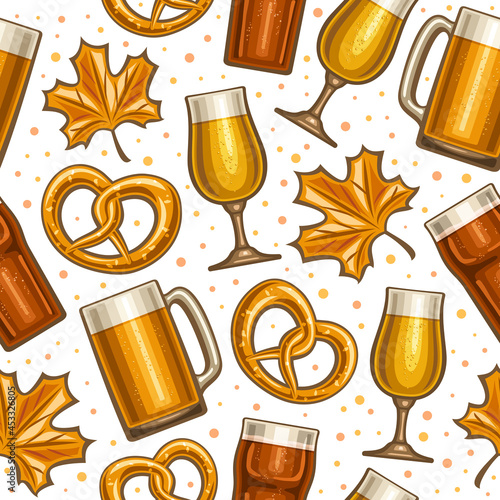 Vector Oktoberfest Seamless Pattern, square repeating background for oktoberfest carnival, poster with illustration of beer snifter, salted german pretzel and cartoon maple leaf on white background.