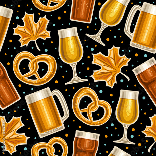 Vector Oktoberfest Seamless Pattern, square repeating background for oktoberfest brewery, poster with illustration of beer snifter, salted german pretzel and cartoon maple leaf on dark background.