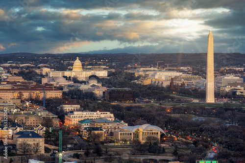 Top view scene of Washington DC down town which can see United states Capitol, washington monument, lincoln memorial and thomas jefferson memorial, history and culture for travel concept photo