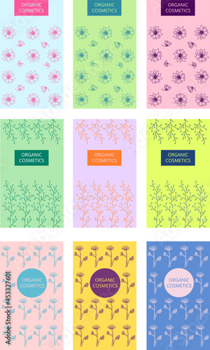 Vector abstract drawn floral print. Organic cosmetics. Flowers. Herbs. Outline. Vertical eps design template  
for packaging or label of beauty industry products.