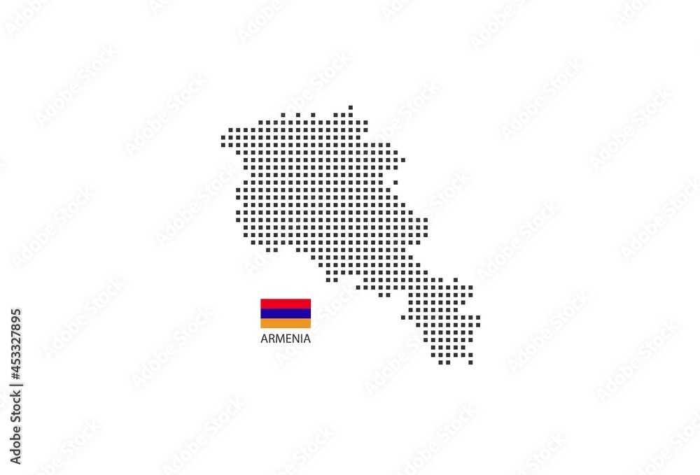 Vector square pixel dotted map of Armenia isolated on white background with Armenia flag.