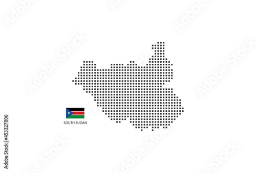 Vector square pixel dotted map of South Sudan isolated on white background with South Sudan flag.