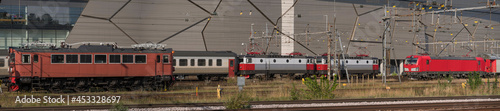 Photography The Hagalunds railway yard and depot with electrical trains, ail equipment an engine houses in northern Stockholm