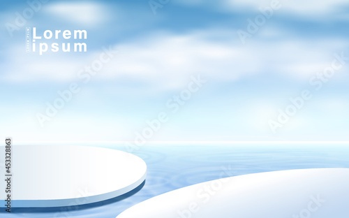 Abstract 3D white cylinder pedestal podium with blue sky background. Modern vector rendering geometric platform for product display presentation.