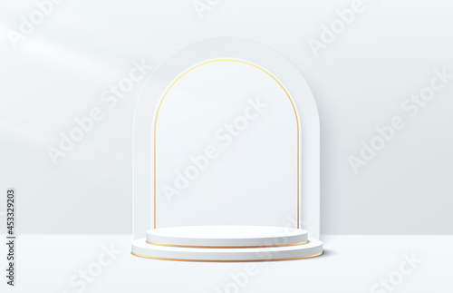 Vector 3D abstract studio room with pedestal podium. White and gold geometric platform with arch backdrop. Luxury scene for cosmetic products presentation. Showcase, Mock up, Promotion display case.