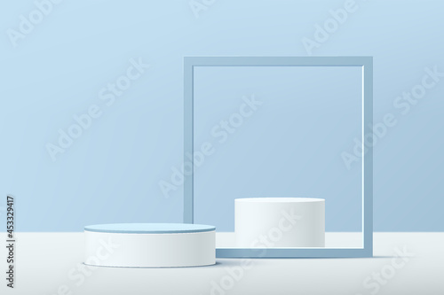 3D vector abstract studio room with pedestal podium. White and blue geometric platform in blue square frame. Pastel minimal wall scene for cosmetic product presentation. Showcase, Promotion display.