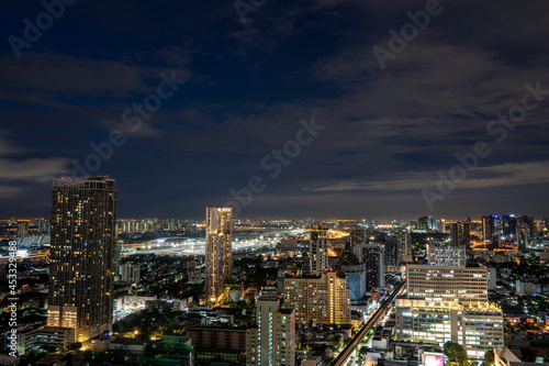 Cityscape of Bangkok Thailand During sunset, at night the light from the building is beautiful