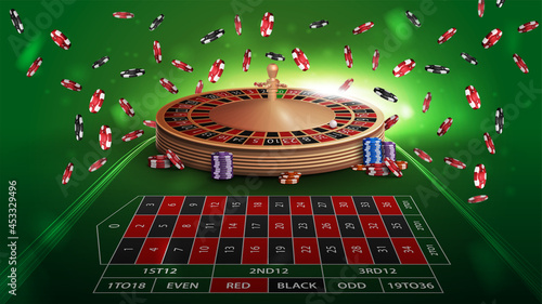 Casino roulette green table in perspective with poker chips. Big win in roulette