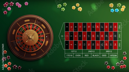 Realistic casino roulette green table with poker chips, top view