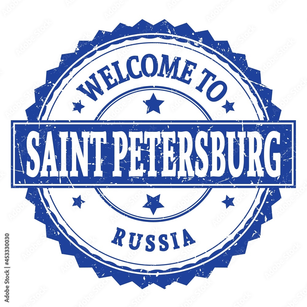 WELCOME TO SAINT PETERSBURG - RUSSIA, words written on russian blue stamp