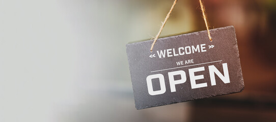 Modern, door sign we are open, after COVID 19.