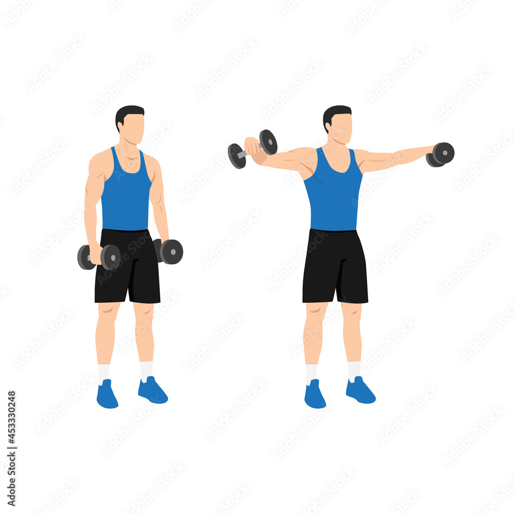 Man doing Lateral side shoulder dumbbell raises. Power partials exercise. Flat vector illustration isolated on white background Man doing Lateral side shoulder dumbbell raises. Power partials exercise. Flat vector illustration isolated on white background