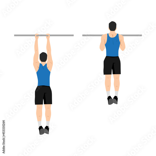 Man doing chin-ups workout. Fitness and bodybuilding exercise in the gym. Healthy and active lifestyle. Isolated vector illustration in cartoon style