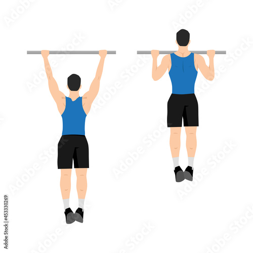 Man doing pull ups exercise. Flat vector illustration isolated on white background