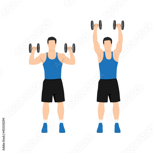 Man doing Overhead dumbbell shoulder press exercise. Flat vector illustration isolated on white background